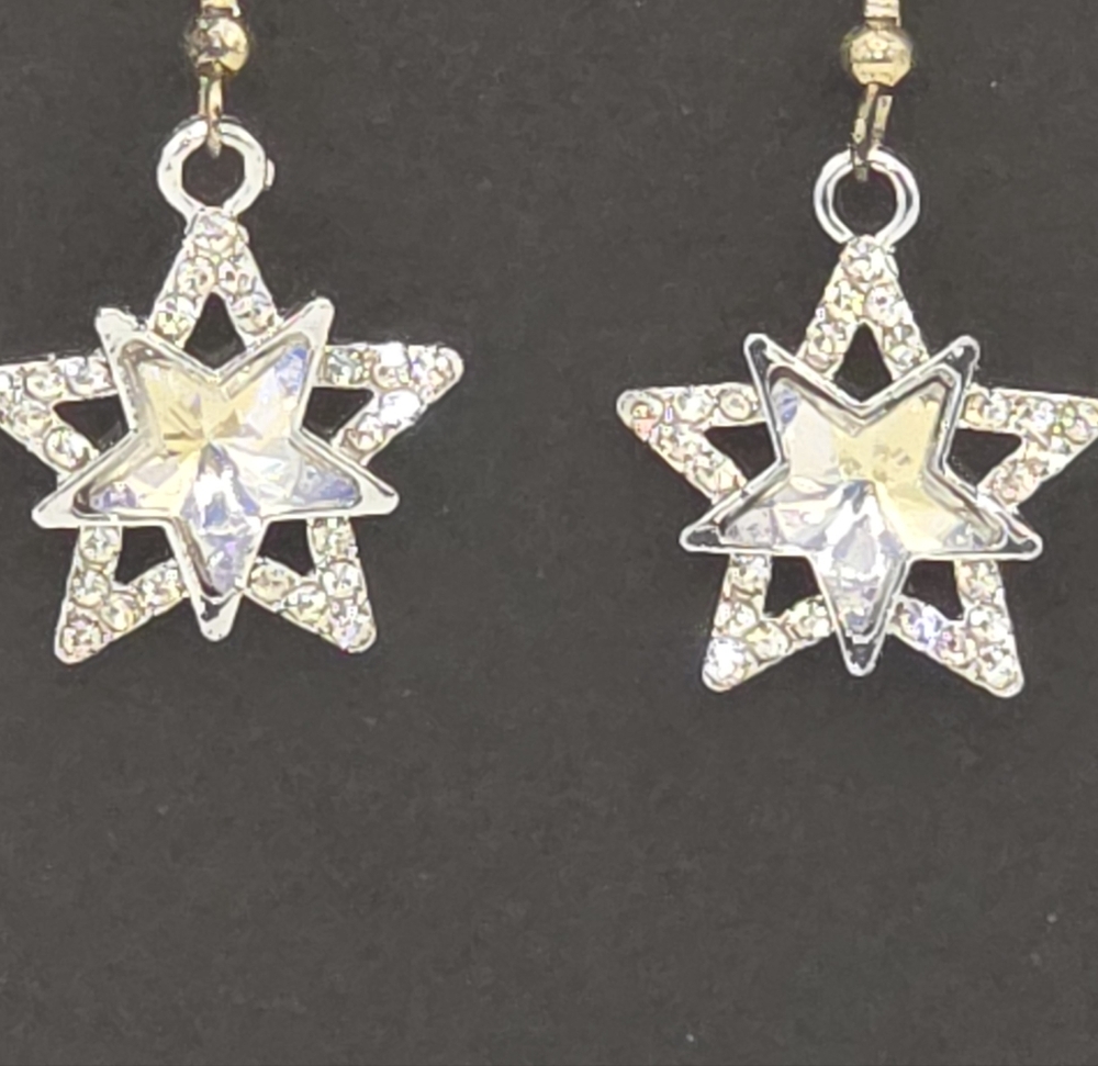 Silver & White Reflective Star Rhinestone Earrings HypoAllergenic Handmade Hook - Picture 2 of 3